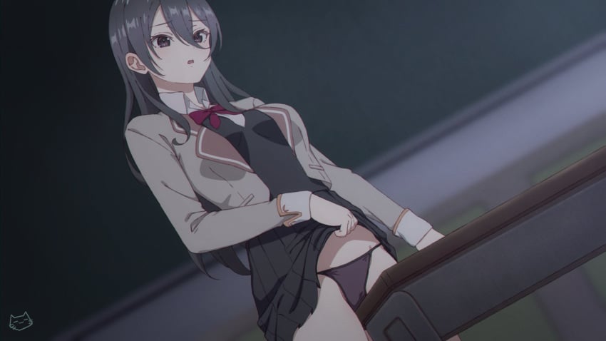 artist_logo black_hair black_panties blurry blurry_background breasts chalkboard classroom clothes_lift commentary corner_masturbation dutch_angle female female_masturbation furrowed_brow grey_hair grinding hair_between_eyes highres indoors keihh kimishima_ayano lapels long_hair long_sleeves masturbation medium_breasts notched_lapels panties parted_lips purple_eyes school_uniform seiren_academy_school_uniform skirt skirt_lift sleeve_cuffs solo string_panties symbol-only_commentary table_humping thighs tokidoki_bosotto_russian_de_dereru_tonari_no_alya-san underwear