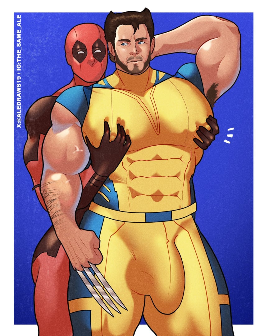 abs aledraws19 bara big_bulge big_pecs bulge deadpool deadpool_&_wolverine_(2024) erection_under_clothes gay grope grope_from_behind groping male male_focus male_only marvel marvel_cinematic_universe marvel_comics mask masked masked_male muscular muscular_male nipples_visible_through_clothing pecs pecs_grab wolverine_(x-men) x-men yaoi