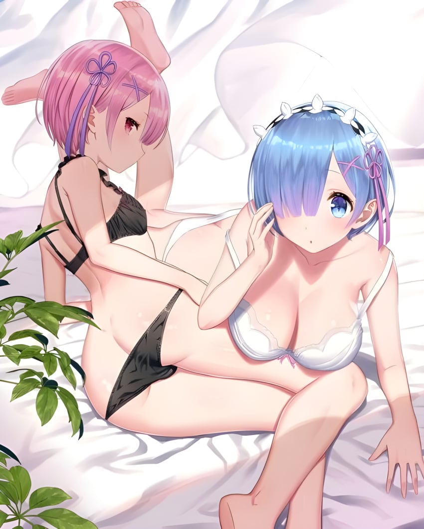 bed bikini blue_eyes blue_hair pink_eyes pink_hair ram_(re:zero) re:zero_kara_hajimeru_isekai_seikatsu rem_(re:zero)