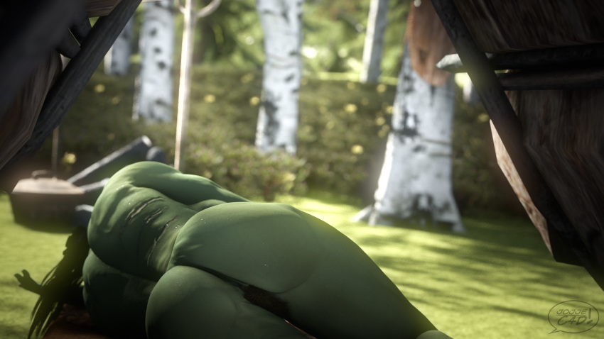 3d black_hair camping excessive_pubic_hair female full_bush green_skin hair jojje monster_girl muscular_female on_side orc orc_female outdoors pubic_hair pussy scars shadbo skyrim sleeping solo solo_female sunlight the_elder_scrolls