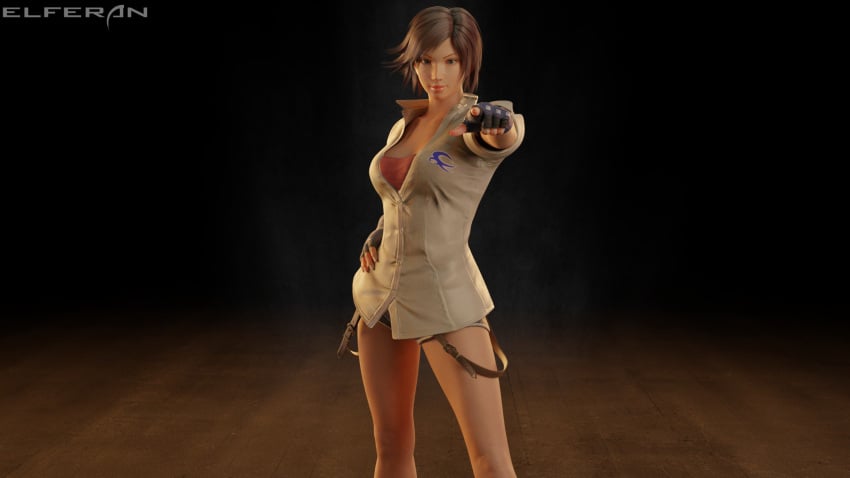 3d 3d_(artwork) asian asian_female asuka_kazama breasts clothing elferan female japanese kazama_asuka pointing tekken tekken_7