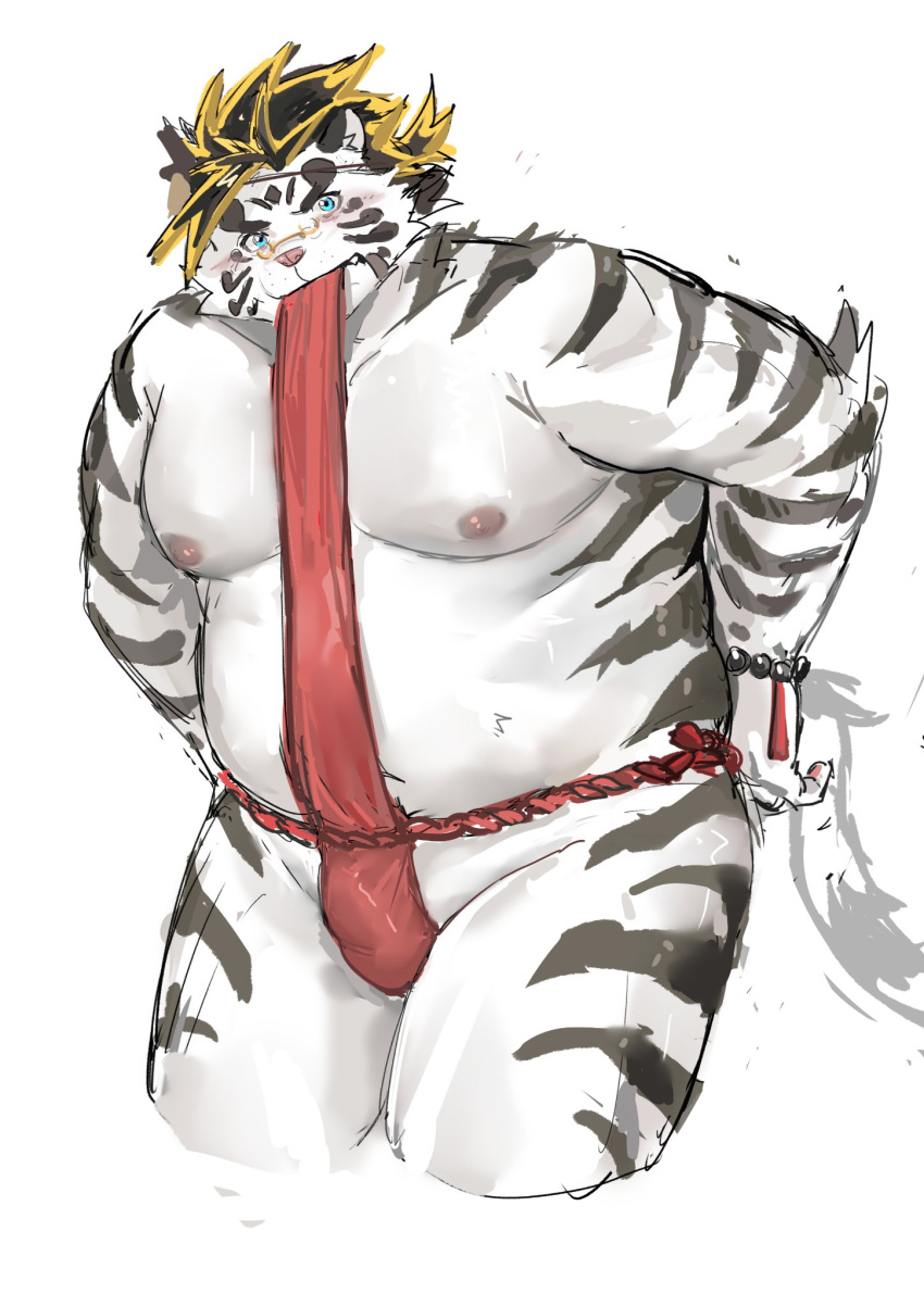 2024 anthro asian_clothing belly big_belly blue_eyes blush bulge clothing east_asian_clothing eyewear felid fundoshi glasses hi_res japanese_clothing kemono licho_(tas) lifewonders male mammal overweight overweight_male pantherine pink_nose popcornduck2 red_clothing red_fundoshi red_underwear simple_background solo tiger tokyo_afterschool_summoners underwear white_background white_body