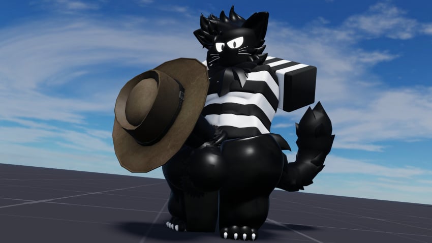 1boy 3d balls baseplate binkedinked black_fur bottomless feline gay hat_on_penis penis roblox robloxian scribles_(binkedinked) shirt solo tagme tail thick_thighs whiskers