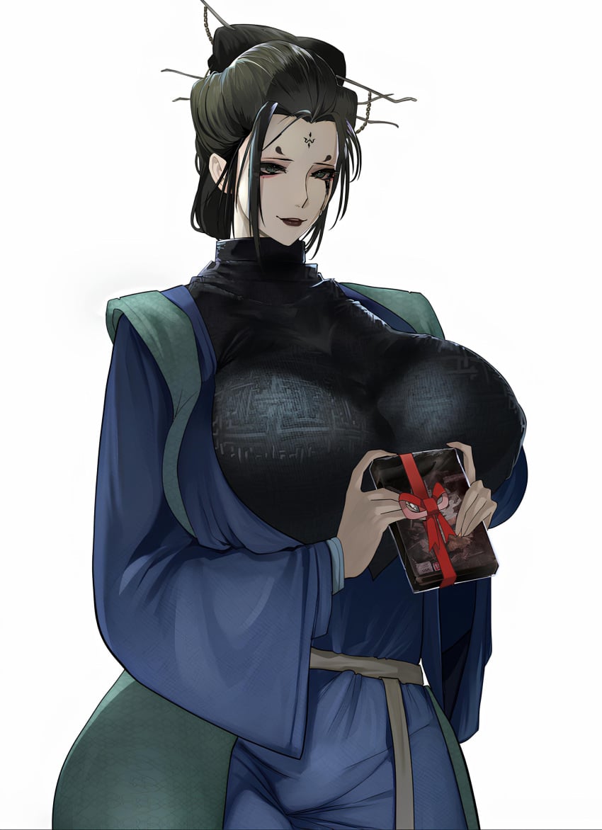 1girls 4th_spider_sister black_hair black_myth:_wukong chinese_mythology clothed clothing curvaceous curvy curvy_female gift gift_box gift_wrapped holding_object holding_present huge_breasts large_breasts noneline pale-skinned_female pale_skin robes thick_thighs white_background wide_hips