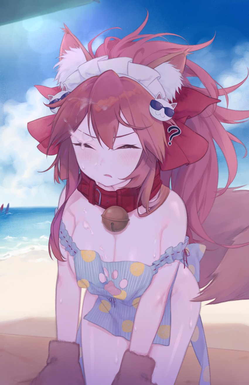 ? absurdres animal_ear_fluff animal_ears animal_hands apron bare_shoulders beach bell blue_apron blue_sky blush bow breasts cat_hair_ornament cleavage closed_eyes collar cum daisi_gi facial fate/grand_order fate_(series) female fox_ears fox_girl fox_tail gloves hair_ornament hairbow highres jingle_bell large_breasts long_hair maid_headdress naked_apron neck_bell off_shoulder open_mouth paw_gloves paw_print_cutout pink_hair ponytail red_bow shore sidelocks sky solo tail tamamo_(fate) tamamo_cat_(fate) tamamo_cat_(poolside_maid)_(fate)