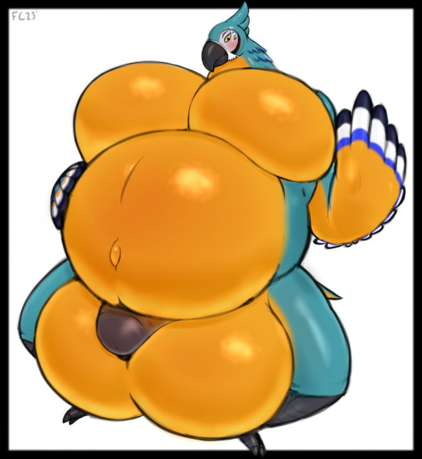 anthro avian balls belly big_balls big_belly big_moobs big_penis blue_body blue_feathers blush breath_of_the_wild feathers fuzzychicken genitals gesture hand_on_belly hi_res kass_(tloz) male male_only moobs morbidly_obese navel nintendo obese obese_male outie_navel overweight overweight_male penis rito slightly_chubby slightly_chubby_male solo the_legend_of_zelda waving wide_stance yellow_belly