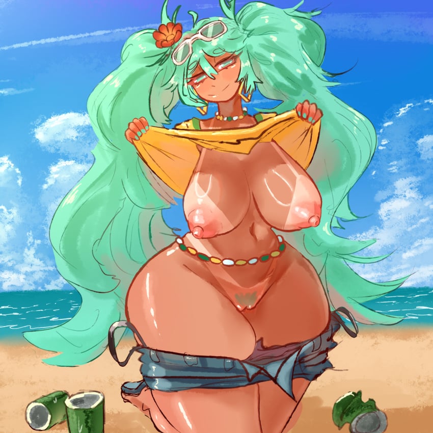 1girls ass beach big_ass big_breasts big_thighs brazil brazilian brazilian_female brazilian_miku breasts cyan_eyes cyan_hair earrings female female_only flower green_eyes green_hair hatsune_miku huge_ass huge_thighs latin_american_hatsune_miku_(meme) long_hair looking_at_viewer outdoors pants_down partially_clothed presenting pussy sandals shirt_lift smile solo standing sunglasses tagme tan tan_body tanline thick_hips thick_thighs thighs twintails vocaloid xolbaj