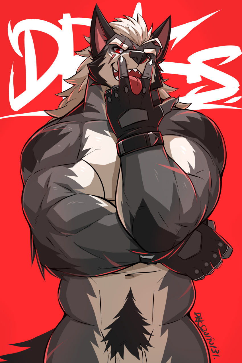 1boy abs absurd_res anthro biceps big_muscles canid canine canis claws clothing drks drks_(drks) fur genitals gloves hair handwear hi_res male male_only mammal muscular muscular_anthro muscular_male nude penis pubes solo tongue tongue_out white_hair wolf