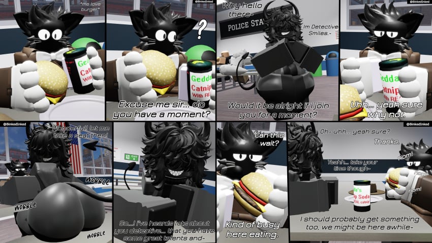 2boys 3d ass big_ass binkedinked black_fur burger comic dat_ass demon demon_horns demon_tail detective dialogue english_text furry gay long_hair onomatopoeia roblox robloxian sitting soda tagme text thick_thighs whiskers wobble