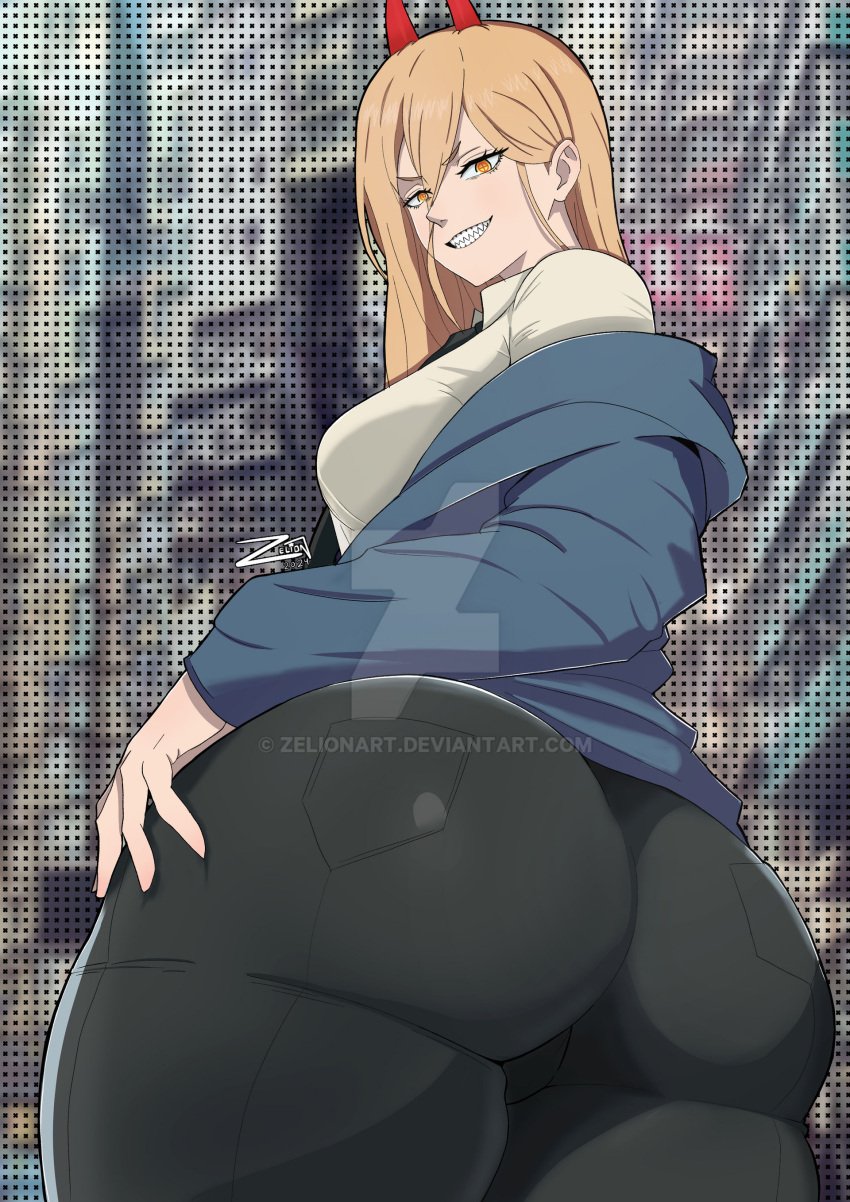 1girls ass ass_focus booty butt_focus chainsaw_man csm dress female jeans pov power_(chainsaw_man) red_horns uniform view_from_below viewed_from_below watermark yellow_eyes yellow_hair zelionart