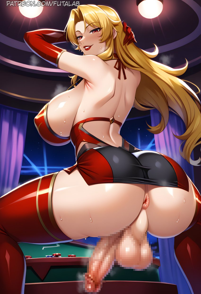 1futa ai_generated alicia_viewstream anus ass ass_focus back bare_shoulders blonde_hair blush breasts censored curtains dress elbow_gloves erect_penis erection female from_behind futa_only futa_sans_pussy futalab futanari gloves huge_breasts huge_cock indoors large_breasts lips lipstick long_hair looking_at_viewer looking_back makeup mole mosaic_censoring parted_bangs parted_lips patreon_username penis poker_chip red_dress red_eyes red_gloves red_lips red_thighhighs shiny_clothes shiny_skin sideboob skirt smile solo spread_legs squatting sweat table taimanin_(series) testicles thighhighs thighs