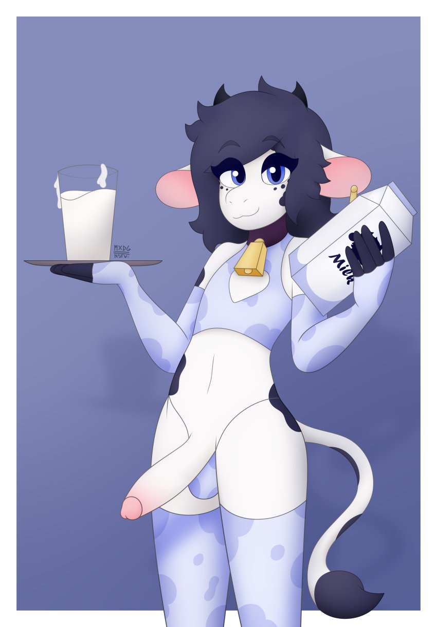 absurd_res anthro blue_eyes blue_hair bodily_fluids bovid bovine cattle clothed clothed/nude clothing cowbell cum femboy fur genital_fluids hair hi_res legwear male male_only mammal max_draws nude oreo_(max_draws) panties sleeves smile solo spots stockings underwear white_body white_fur