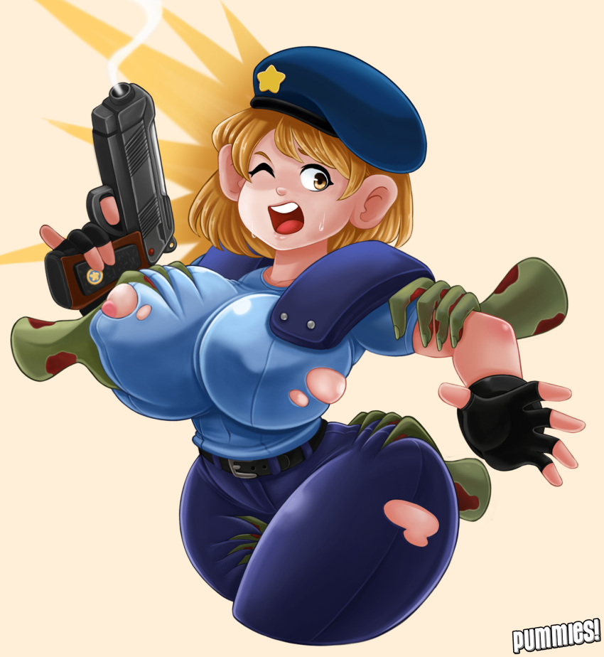 1girls 2023 areola_slip arm_grab ashley_graham ashley_graham_(ella_freya) big_breasts blonde_hair breast_grab breast_squish capcom cosplay disembodied_limb female female_only fingerless_gloves hi_res hip_grab jill_valentine_(cosplay) medium_hair one_eye_closed open_mouth pummies resident_evil resident_evil_4_remake restrained skindentation solo thick_thighs thigh_grab torn_clothes yellow_eyes