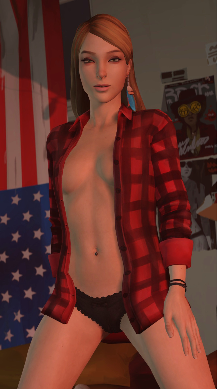 1girls 2018 3d 5_fingers black_panties bracelet breasts brown_hair casual clothed clothes clothing ear_piercing earrings eyebrows feather_earrings female female_only hair hazel_eyes human kneeling life_is_strange lips long_hair looking_at_viewer medium_breasts navel navel_piercing nose open_clothes outerwear pale_skin panties piercing pussy rachel_amber shiny shiny_skin solo source_filmmaker square_enix underwear venomous_sausage wristwear