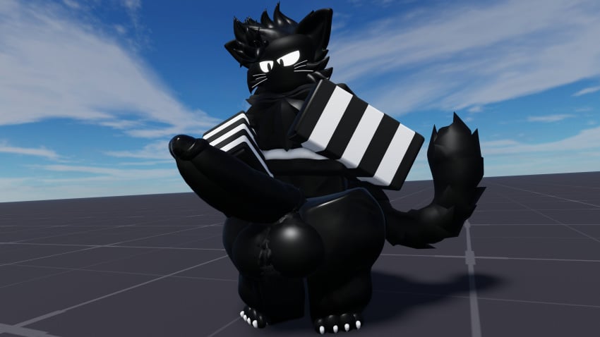 1boy 3d balls baseplate binkedinked black_fur bottomless feline furry gay penis roblox robloxian scribles_(binkedinked) shirt solo tagme tail thick_thighs touching_penis whiskers