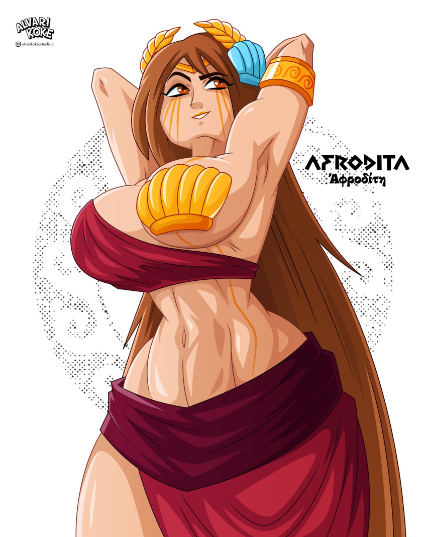 1girls alvarikokearte aphrodite artist_logo artist_name athena big_breasts breasts brown_hair cleavage collarbone deity english_text european_mythology goddess greek_mythology large_breasts mythology public_domain red_eyes revealing_clothes smile