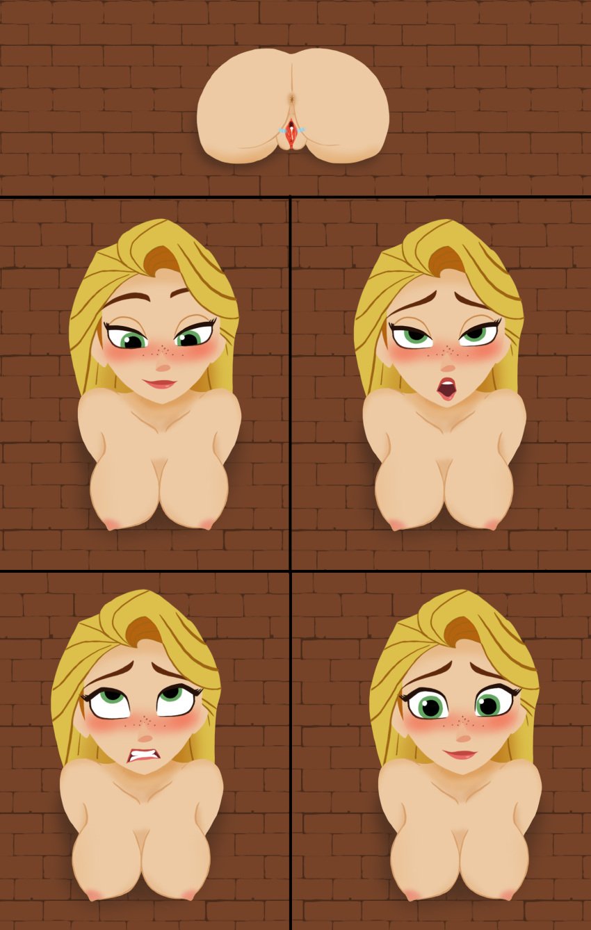 accurate_art_style ahe_gao ahegao ahegao_face anus ass ass_focus blonde_female blonde_hair blonde_hair_female blush breasts cum cum_in_pussy cum_inside disney_princess eyelashes freckles freckles_on_face glory_hole glory_wall implied_sex long_hair open_pants pepsizoa rapunzel tangled tangled:_the_series taped_pussy trapped trapped_in_wall very_long_hair