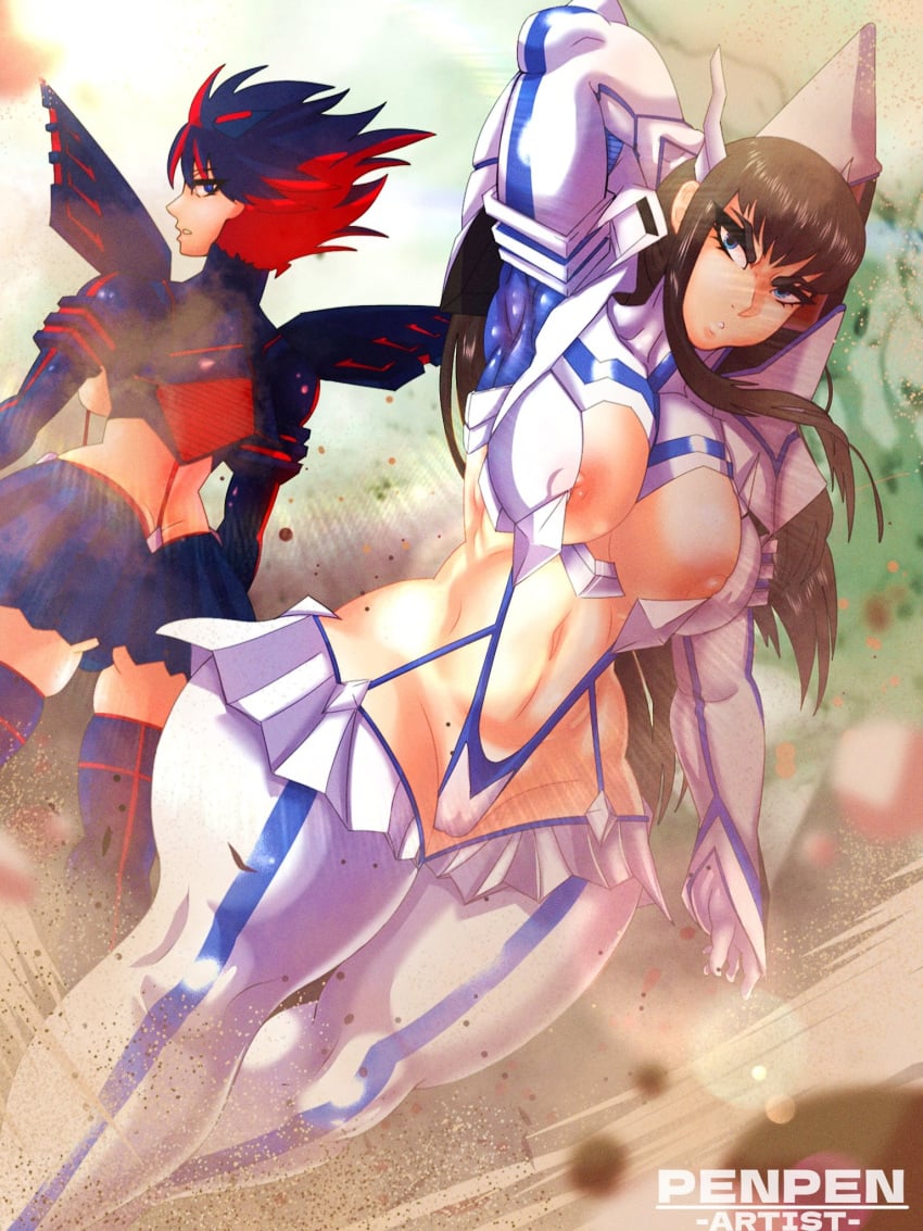 2girls blue_eyes breasts dark_hair female female_only huge_breasts junketsu kill_la_kill kiryuuin_satsuki large_breasts matoi_ryuuko multiple_girls nipples penpen_(artist) penpenartist senketsu thick_thighs thighs wide_hips