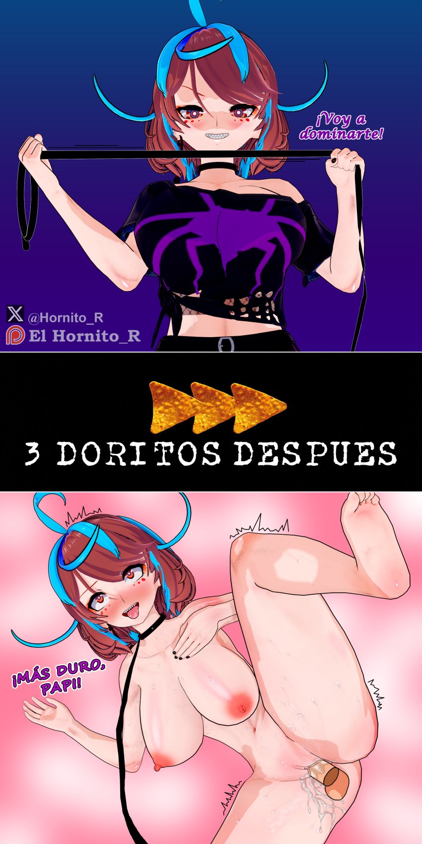 1girls ahe_gao areolae ass big_breasts black_nails blouse blue_hair_tips blush breasts brown_hair clothes dominant_female doritos el_hornito_r emikukis female freckles hispanic_virtual_youtuber koikatsu large_breasts meme naked naked_female necklace nipples nude nude_female penetration penis pink_pussy pointed_teeth pussy pussy_juice red_eyes sex spanish_text spider_girl submissive submissive_female testicles thick_thighs twitch vagina vaginal_penetration vaginal_sex virtual_youtuber voluptuous voluptuous_female vtuber