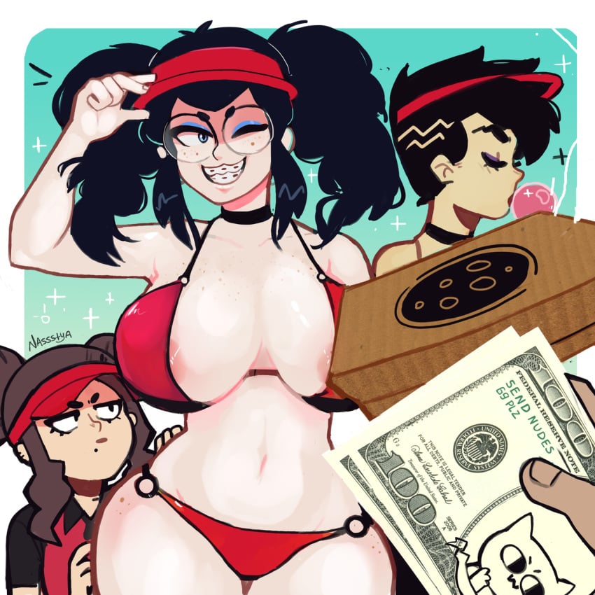 3girls big_breasts bikini black_hair blue_eyes boss_(gats) braces breasts brown_hair cash_money_(gats) cleavage closed_eyes disembodied_hand female female_focus female_only gats looking_at_another mole_under_mouth money multiple_girls nipples original original_character original_characters partially_visible_nipples pizza pizza_thot red_bikini short_hair size_difference thick_thighs thighs tips_(gats) twintails visor_cap wink