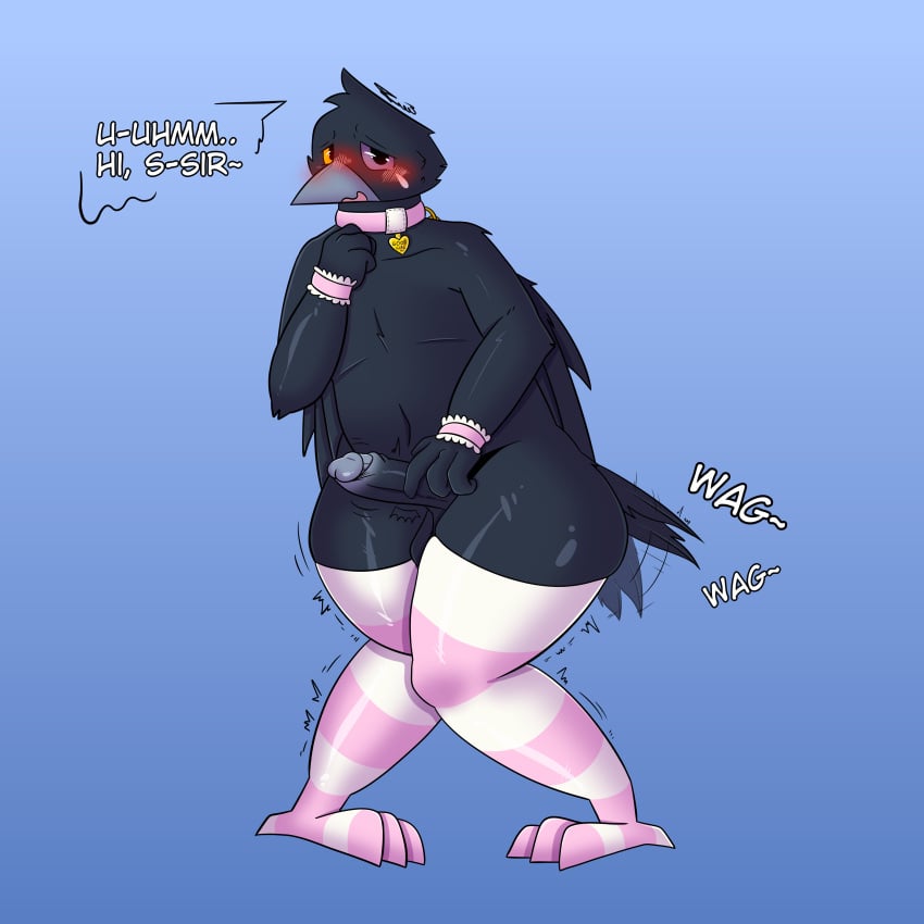 1:1 2024 3:4 absurd_res anthro avian balls beak bent_legs bird black_body blush clothing corvid corvus_(genus) digital_drawing_(artwork) digital_media_(artwork) embarrassed english_text erection feathers femboy feminization genitals heterochromia hi_res male open_mouth oscine passerine penis raven raven30_(artist) rev_(raven30) shaded shaking simple_background solo tail tail_motion tailwag text trembling wings