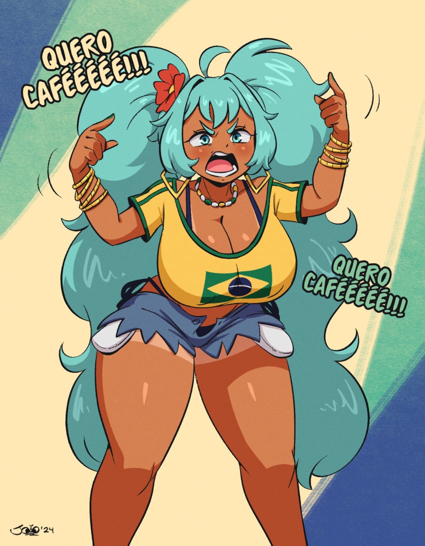 1girls 2024 angry angry_face bangs bent_over big_breasts bikini_bottom blush blushing bra bracelet bracelets brazil brazilian brazilian_flag brazilian_miku breasts cleavage clothing crop_top curvaceous curvy curvy_figure cyan_eyes cyan_hair earrings eyelashes female female_only flower flower_in_hair frown hatsune_miku hi_res highres hourglass_figure jean_shorts jeans joaoppereiraus large_breasts latin_american_hatsune_miku_(meme) leaning_forward meme meme_reference messy_hair motion_lines necklace nipple_bulge portuguese_text screaming shirt short_shorts shorts shouting sidelocks solo solo_female speech_bubble standing tan-skinned_female tanline thick thick_thighs turquoise_eyes turquoise_hair twintails vocaloid voluptuous voluptuous_female