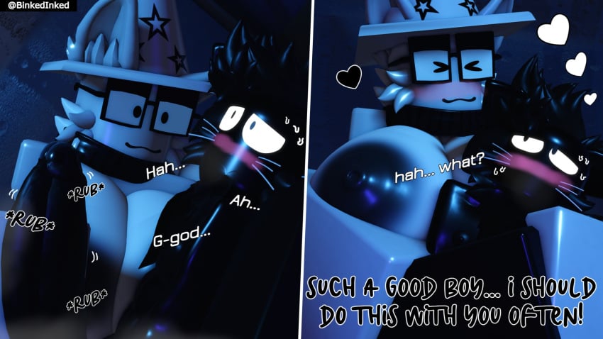 1boy 1girls 3d areolae binkedinked black_fur blush breasts comic cone_hat dialogue english_text female_dominating_male frostedfella furry glasses heart masturbation nipples onomatopoeia penis roblox robloxian scribles_(binkedinked) straight tagme text white_fur