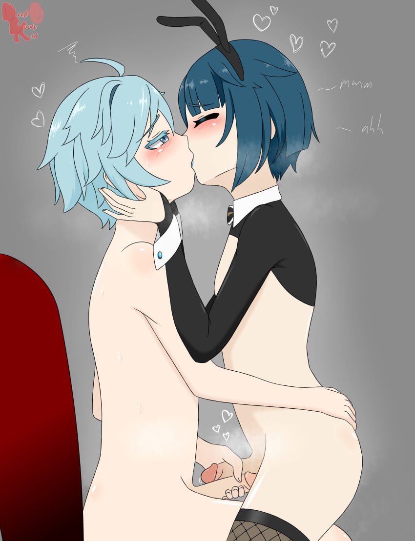 2boys 2femboys adults blue_lipstick breath_cloud bunny_ears chongyun_(genshin_impact) crossdressing deepbootykid femboy femboys fishnets floating_hearts frottage gay kissing male male_only men_kissing passionate_kiss penis precum reverse_bunnysuit sitting_on_lap steamy_breath xingqiu_(genshin_impact) yaoi