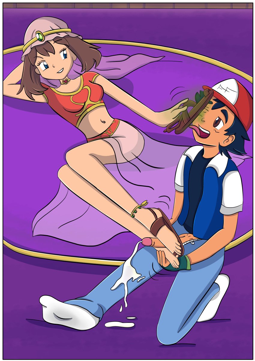 belly_dancer cumshot foot_fetish foot_folk foot_lick foot_sniffing footjob male/female may_(pokemon) may_(pokemon)_(arabian_princess) pokemon sandaljob sandals satoshi_(pokemon)