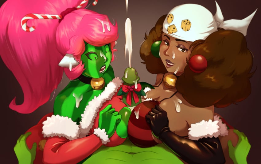 2girls boobjob candy_cane cumshot double_paizuri green_skin huge_breasts looking_at_viewer pachinkomech paizuri tagme titjob