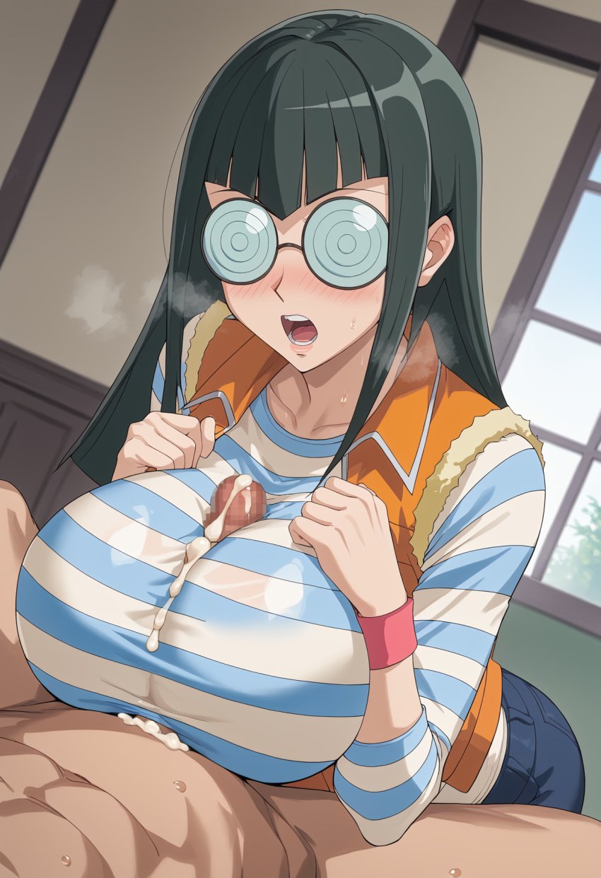 ai_generated black_hair blush carly_carmine carly_nagisa censored clothing cum female female_focus glasses hi_res huge_breasts journalist large_breasts mak5555 open_mouth paizuri penis surprised sweatdrop titfuck torn_clothes yu-gi-oh! yu-gi-oh!_5d's