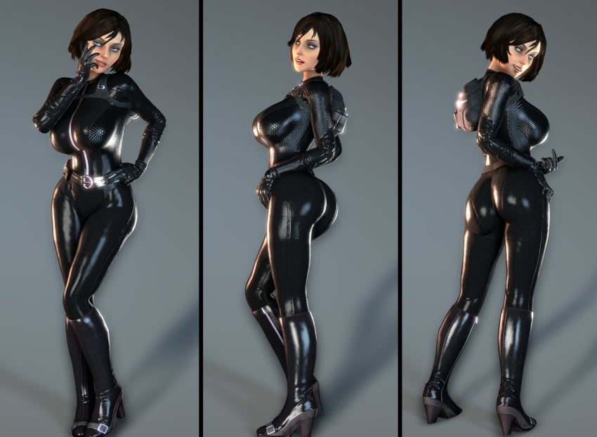 1girls ass bioshock bioshock_infinite black_hair blue_eyes bodysuit boots catwoman_(cosplay) elizabeth_comstock female female_only high_heels latex lordaardvark source_filmmaker