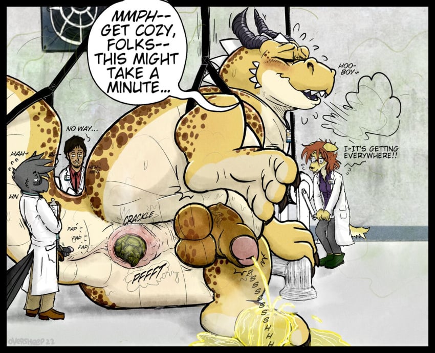 anthro anus balls beast cock dialog dragon english_text furry only_male oversheep peeing piss_puddle pissing_on_floor puffy_anus scat shit shitting shitting_on_floor smelly stinky urine