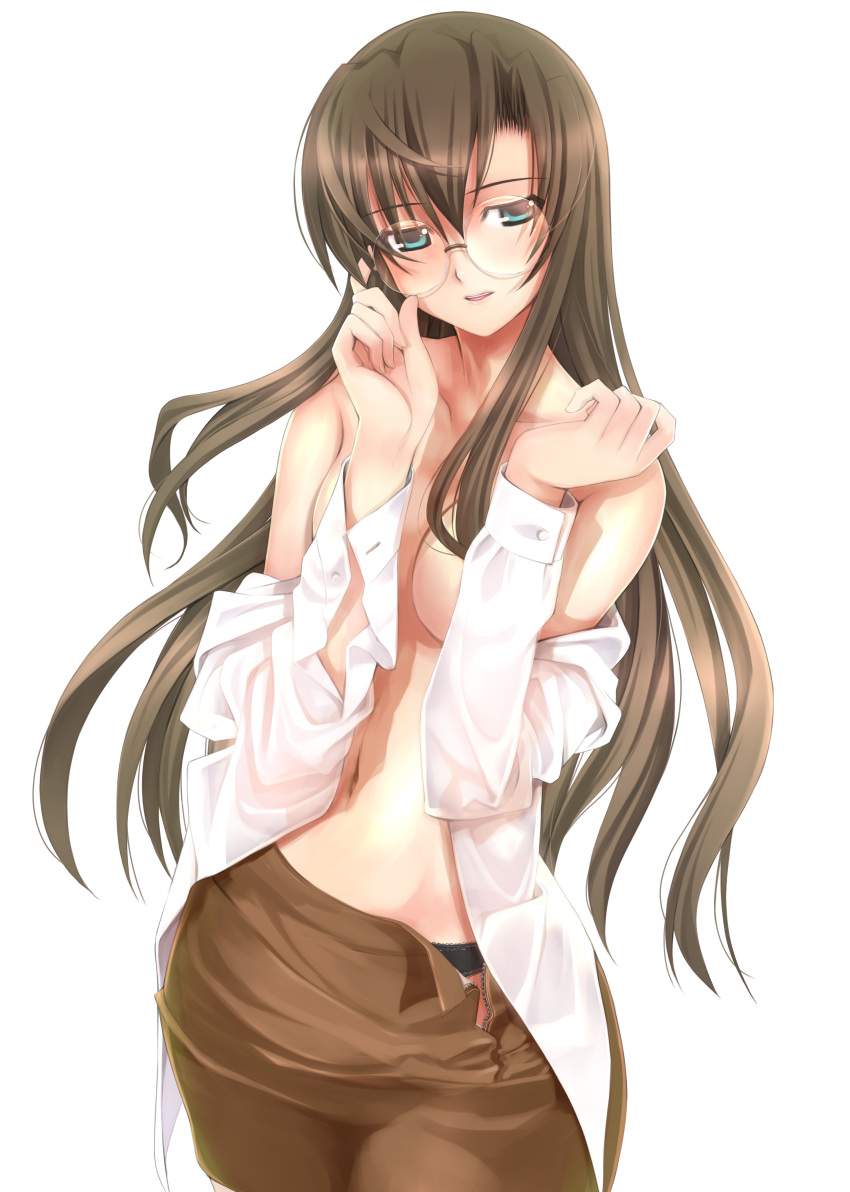 absurdres adjusting_eyewear blue_eyes breasts brown_hair covering_breasts covering_privates female glasses highres long_hair lyrical_nanoha mahou_shoujo_lyrical_nanoha_strikers medium_breasts mikazuki_akira! non-web_source open_clothes open_shirt panties pencil_skirt shario_finieno skirt solo underwear undressing