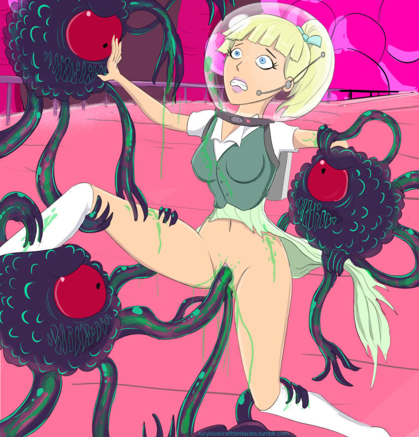 1girls anal annie_(rick_and_morty) blonde_hair blue_eyes clenched_teeth clothes cum female kneesocks lucy_lovecraft monster penetration pussy rape restrained rick_and_morty skirt space_helmet tentacle tentacle_rape torn_clothes vaginal_penetration