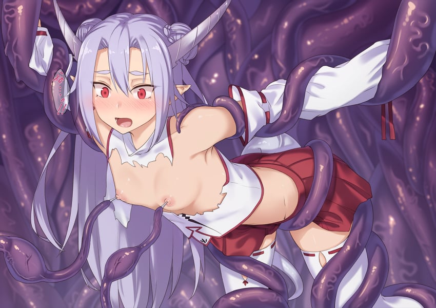 armpits arms_up bangs blush braid breasts crop_top double_bun female grey_hair hair_between_eyes hakama_skirt horns ibuki_notsu nipple_penetration nipples nontraditional_miko open_mouth original petite pleated_skirt pointy_ears red_eyes red_skirt ribbon-trimmed_legwear ribbon-trimmed_sleeves ribbon_trim sidelocks skirt small_breasts solo speech_bubble tentacle thick_eyebrows thighhighs torn_clothes tsurime white_legwear