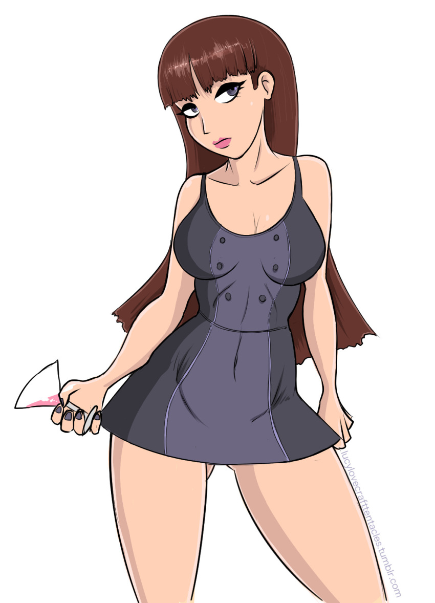 1girls breasts brown_hair clothing dress female female_only long_hair lucy_lovecraft purple_eyes rick_and_morty solo stacy_(rick_and_morty) wine wine_glass