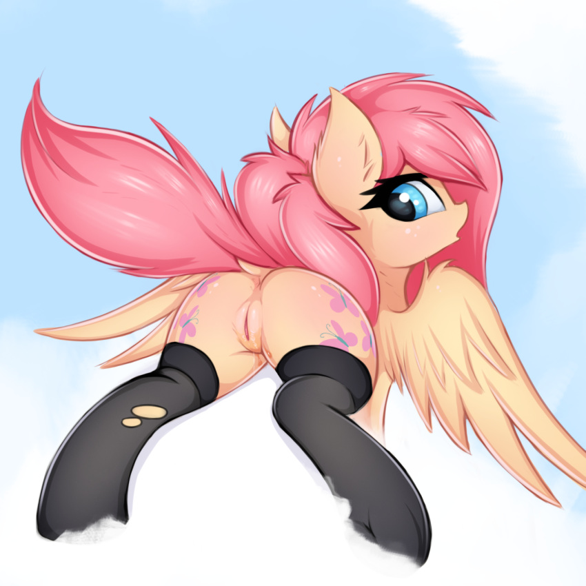 2018 ass blush clothing cloud cutie_mark equine feathered_wings feathers female feral fluttershy_(mlp) friendship_is_magic hair legwear looking_at_viewer looking_back mammal my_little_pony outside pegasus pussy sky socks solo twiren wings