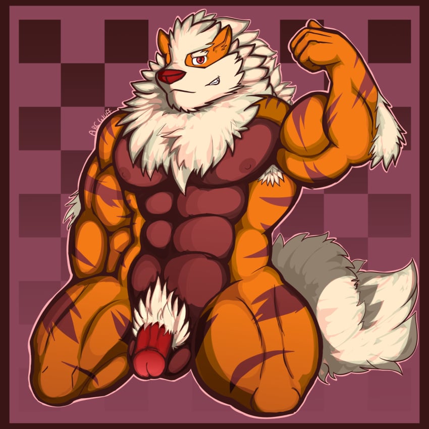 1boy abs anthro arcanine armpit_hair armpits belly big_penis big_testicles canine erection furry intimatewolf kneeling large_testicles male male_only mammal muscular muscular_male navel nintendo nipples nude orange_fur original_character penis pink_border pokemon pokemon_(species) pokemon_rgby pose pubic_hair purple_background purple_border red_eyes smile solo stripes tail text thick_thighs video_games watermark white_fur wide_hips