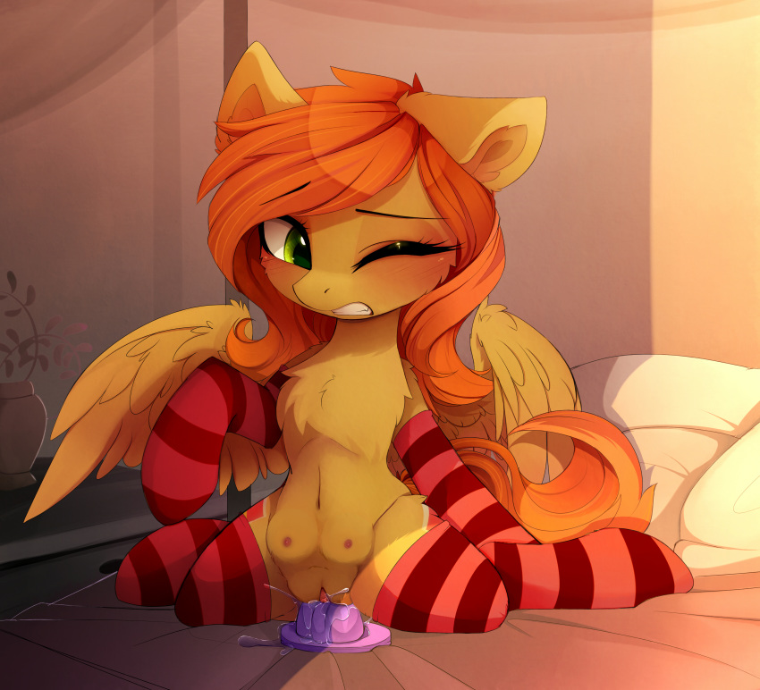 2018 camber clothing crotchboobs detailed_background digital_media_(artwork) dildo equine eyelashes fan_character feathered_wings feathers female feral friendship_is_magic green_eyes hair legwear magnaluna mammal my_little_pony orange_hair pegasus penetration sex_toy socks solo thighhighs vaginal_penetration wings