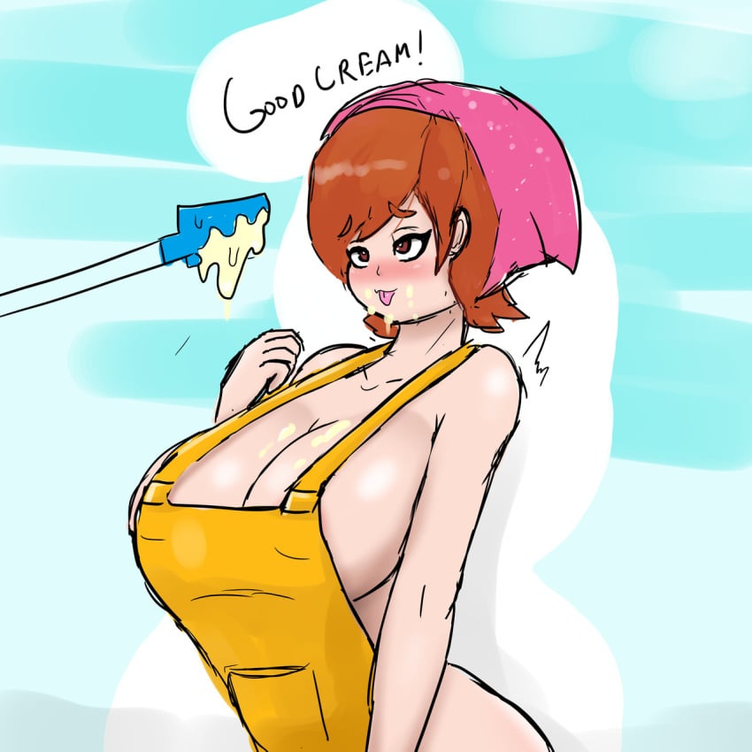 1girls ahe_gao alternate_breast_size apron batter blush breasts brown_eyes brown_hair cleavage cooking_mama cream cropped_legs curvaceous curvy curvy_body curvy_female curvy_figure eyebrows_visible_through_hair female female_focus female_human female_only haloowl headdress huge_breasts human innuendo kerchief large_breasts light-skinned_female light_skin looking_at_another looking_off_screen mama_(cooking_mama) naked_apron no_bra not_cum partially_clothed short_hair sideboob simple_background solo solo_female solo_focus spatula speech text tongue tongue_out voluptuous yellow_apron