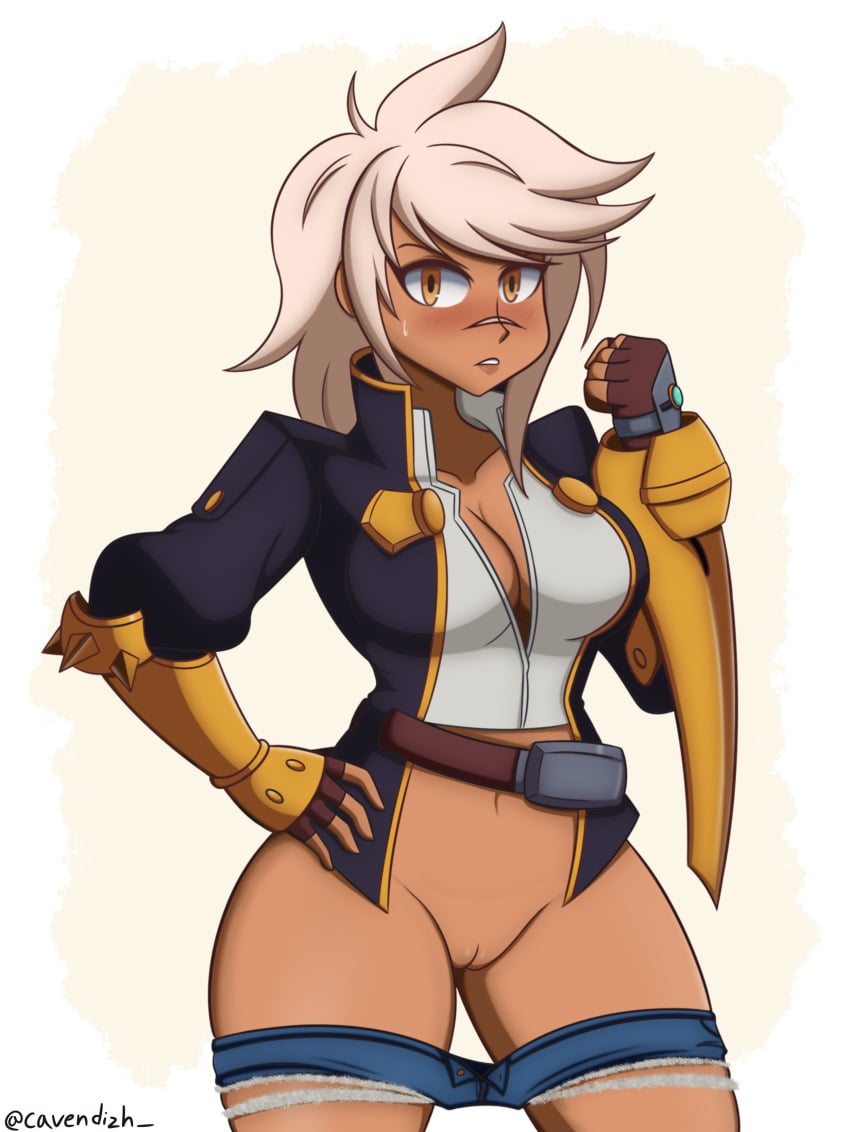 1girls 2d 2d_artwork big_breasts big_thighs big_titties blazblue bottomless breasts brown_skin bullet_(blazblue) busty cavendizh cleft_of_venus clothing cowboy_shot curvaceous curvaceous_female curvaceous_figure curvy curvy_figure curvy_hips digital_media exposed_pussy female female_genitalia female_only genitalia genitals girly girly_girl looking_at_viewer partially_clothed pussy short_hair solo thick_thighs thighs vagina white_hair