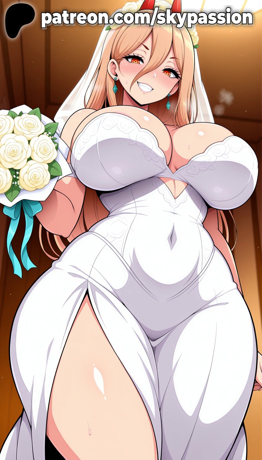 1girls 2025 ai_assisted ai_generated anime artist_name bangs big_breasts big_chest black_rose blue_rose blush bouquet breasts bridal_veil bride bust busty chainsaw_man chest clothed_female cross_earrings dress earrings eyebrows_visible_through_hair female female_focus female_only flower gloves green_flower grin hair_between_eyes heart_earrings hi_res high_quality high_resolution highres holding_bouquet indoors jewelry large_breasts long_hair looking_at_viewer mole mole_under_eye patreon patreon_username pink_rose power_(chainsaw_man) rose skypassion smile solo stable_diffusion strapless_dress sweat thighs veil watermark wedding_dress wedding_veil white_dress white_flower white_rose