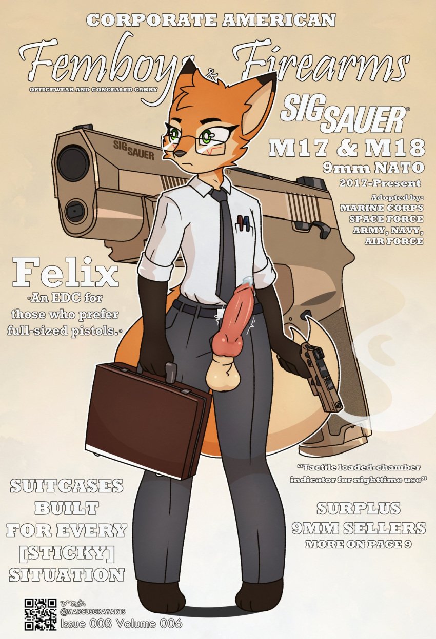 3:4 animal_genitalia animal_penis anthro balls barefoot belt bodily_fluids bottomwear briefcase canid canine canine_genitalia canine_penis cheek_tuft clothing cover dripping english_text eyewear facial_tuft feet femboy femboys_and_firearms fox fur genital_fluids genitals glasses green_eyes gun handgun head_tuft hi_res knot knotted_penis m17 magazine magazine_cover male mammal marcus_gray movie_reference multicolored_body multicolored_fur necktie pants penis pens precum precum_drip qr_code ranged_weapon shirt shirt_pocket sig_sauer smoke solo text throbbing throbbing_penis topwear tuft weapon wearing_glasses