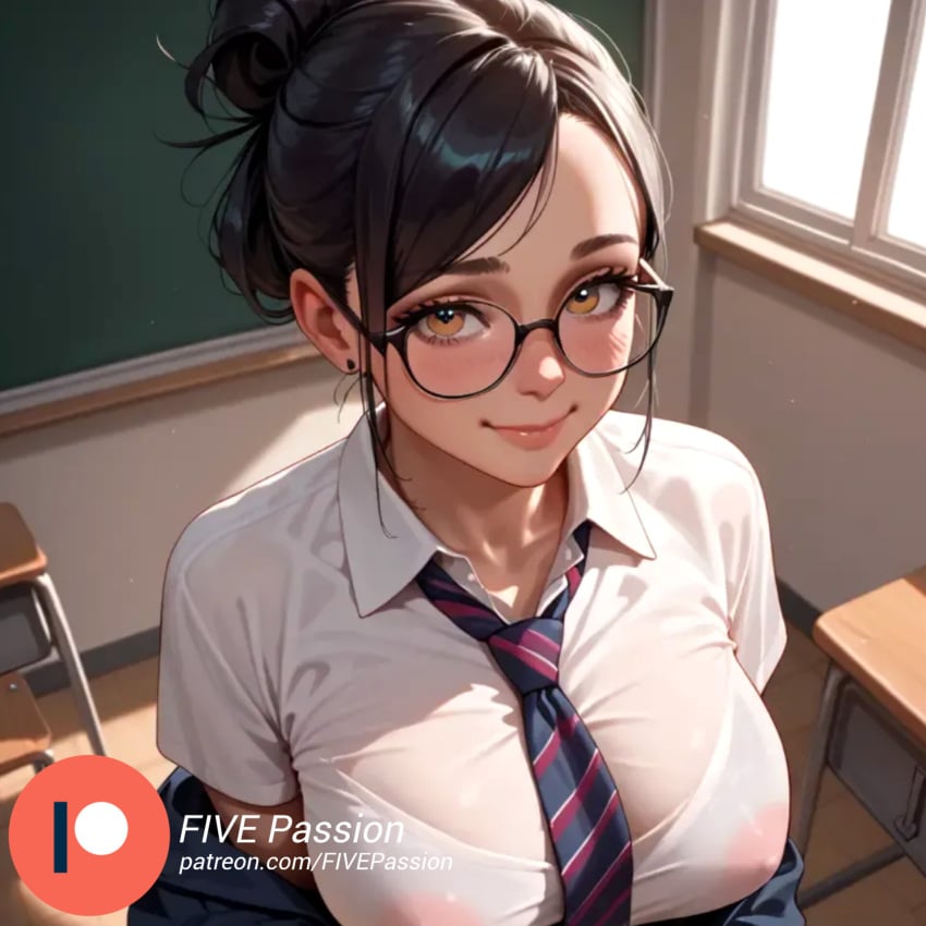 ai ai_assisted ai_generated big_breasts black_hair blush blushing_at_viewer blushing_female color comic comic_page digital_art digital_media_(artwork) female female_focus female_only five_passion glasses high_angle_view pov_eye_contact school_uniform schoolgirl shame shy student