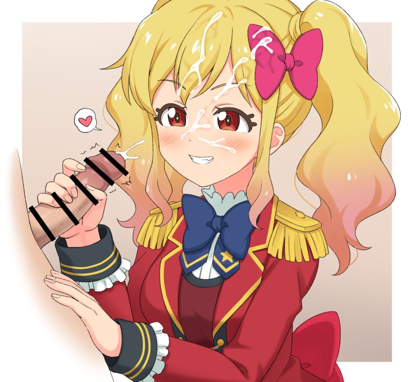 1boy aikatsu!_(series) aikatsu_stars! bar_censor blonde_hair blue_bow blue_bowtie blush bow bowtie censored commentary_request commission cum cum_on_body facial female frilled_shirt frilled_sleeves frills gradient_hair grin handjob heart highres long_sleeves looking_at_another looking_at_penis male multicolored_hair nijino_yume penis pixiv_commission red_eyes red_suit shirt smile solo_focus spoken_heart straight suit teeth tongue wavy_hair yoban