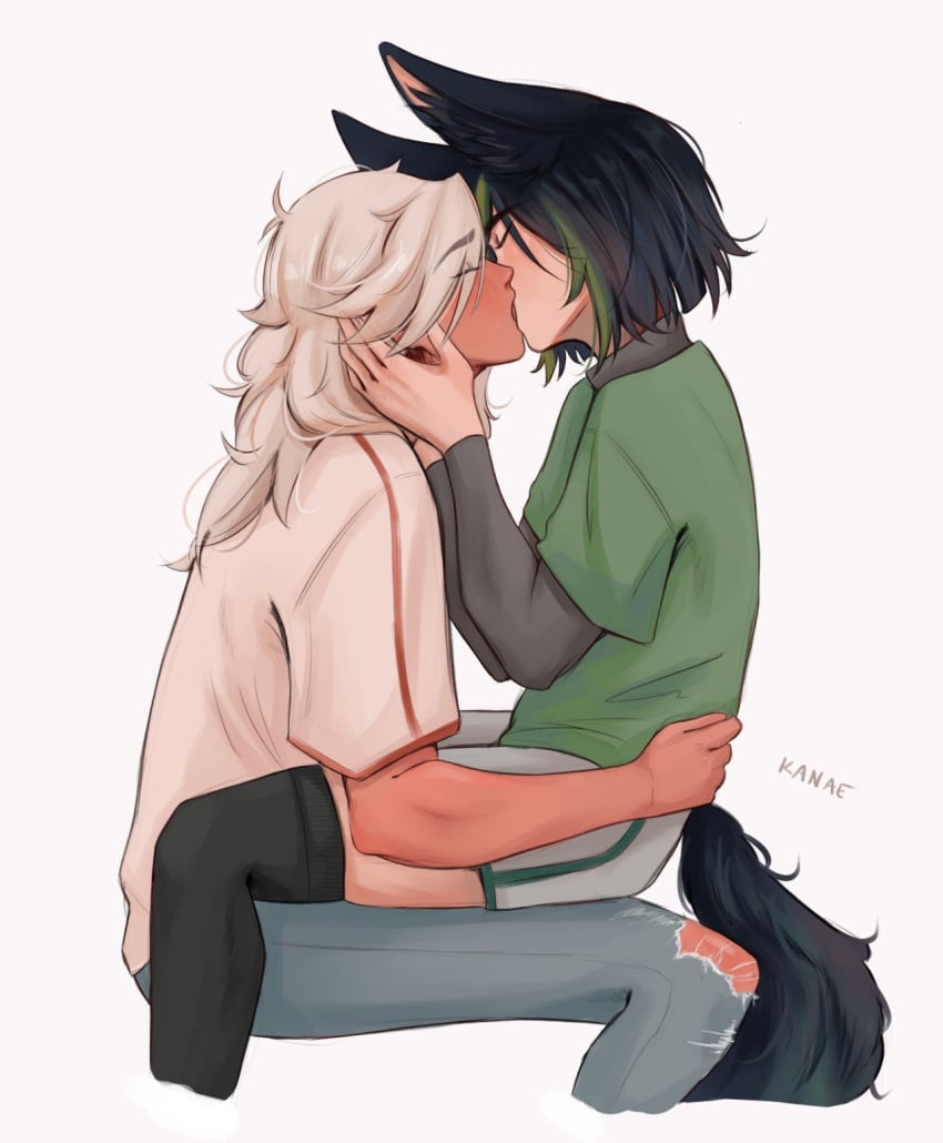cyno_(genshin_impact) ears_up femboy green_hair in_lap jeans kissing lap thighs tighnari_(genshin_impact) white_hair wholesome