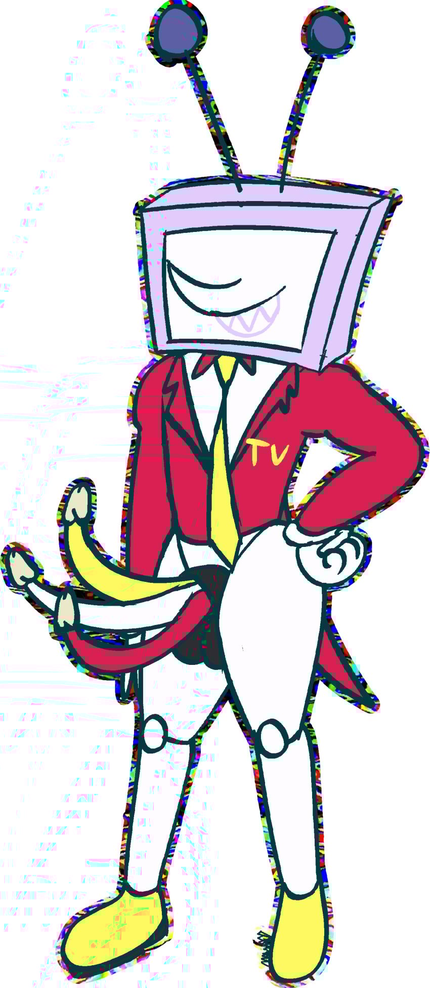 1boy absurd_res animal_genitalia animate_inanimate antennae_(anatomy) anthro balls bottomless bottomless_male clothed clothing deltarune deltarune_chapter_3 dress_shoes electronics eyeless flat_colors for_a_head genitals hi_res humanoid m-a-dragon machine male male_only monitor_head multi_genitalia multi_penis necktie object_head penis robot robot_anthro screen_face sharp_teeth sheath solo suit suit_jacket teeth television tenna_(deltarune) toony triphallia undertale_(series) unusual_anatomy unusual_face
