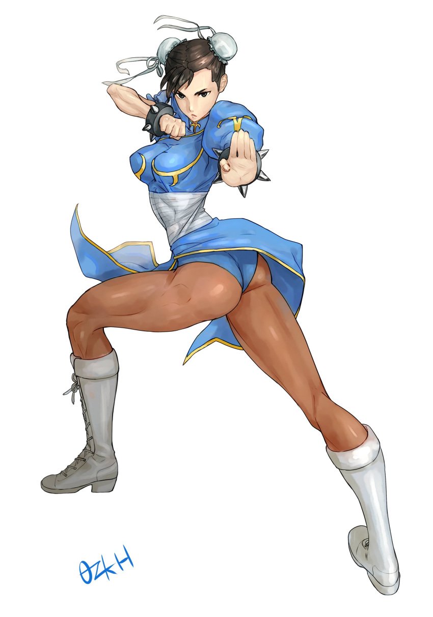 1girls 2019 2d artist_name artist_signature boots brown_hair brown_hair chun-li female light_skin looking_at_viewer ozkh solo solo_female street_fighter upskirt white_background