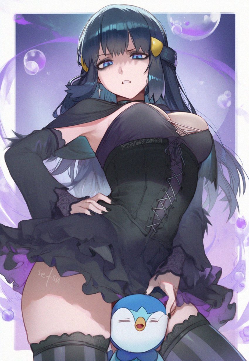 1girls ai_generated breasts cleavage dawn_(pokemon) female female_focus female_only goth goth_girl large_breasts light-skinned_female light_skin looking_at_viewer nintendo piplup pokemon setsuaiart skirt solo thighhighs thighs wide_hips